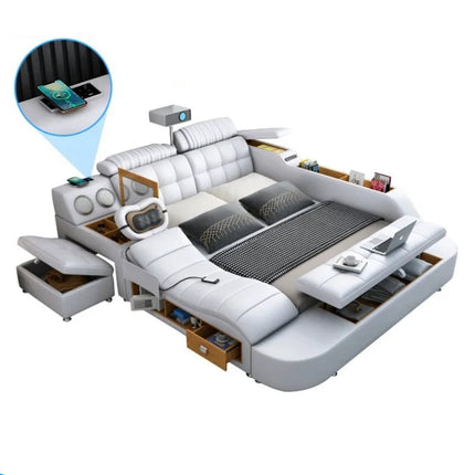 Leather Smart Bed with Built-In Massage, Overhead Projector & Underbed Storage