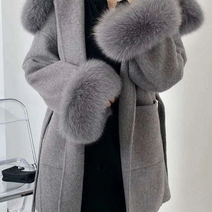 Elegant Women's Wool Blend Winter Coat with Fox Fur Trim and Cashmere Lining