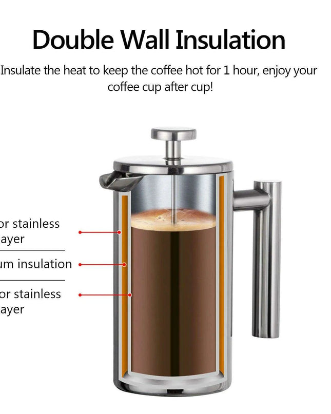 Deluxe Insulated Stainless Steel French Press - Three Sizes: 350ml, 800ml, and 1000ml