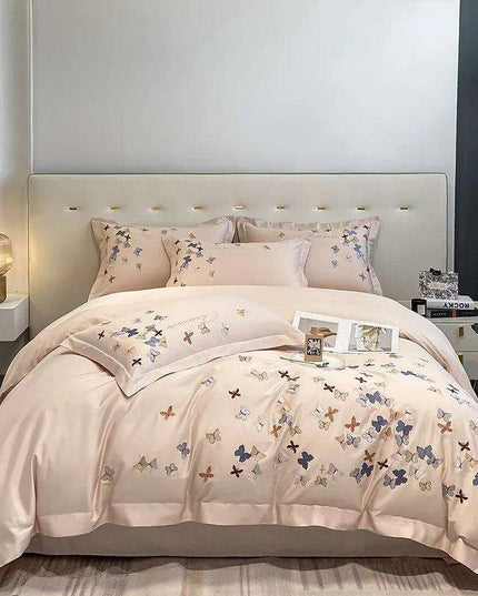 Exquisite 100% Egyptian Cotton Butterfly Embroidered Luxury Bedding Set with Duvet Cover, Sheets, and Pillowcases