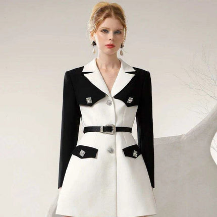 Chic Spring Black and White Business Suit Dress with Niche Waist Design