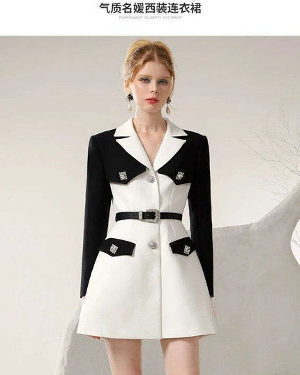 Chic Spring Black and White Business Suit Dress with Niche Waist Design