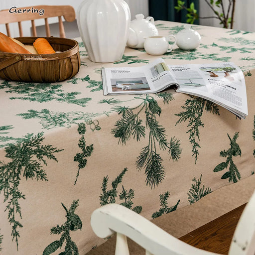 Christmas Pine Cotton Linen Tablecloth - Green Rectangular Dining Cover with Elegant Design