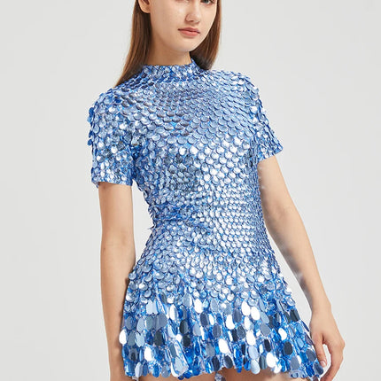 KarolyiDora XXXL Lake Blue Sequins Mini Dress for Nightclub & Dance