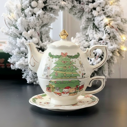 Hand-Drawn Retro Christmas Tea Set with Elegant Gift Box