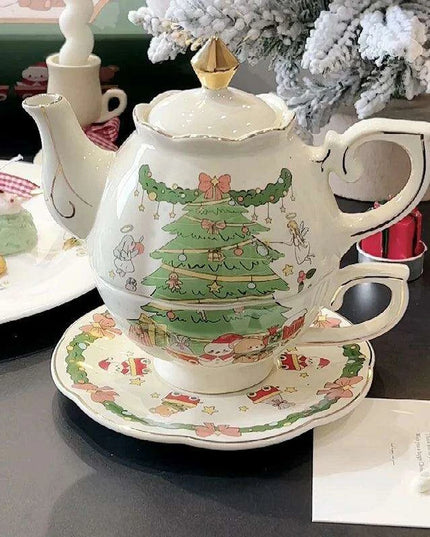 Hand-Drawn Retro Christmas Tea Set with Elegant Gift Box