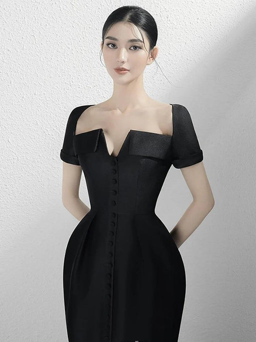 Square Neck Button-Front Short Sleeve Dress