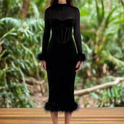 Chic Backless Midi Dress with Feather Details for Trendsetting Women