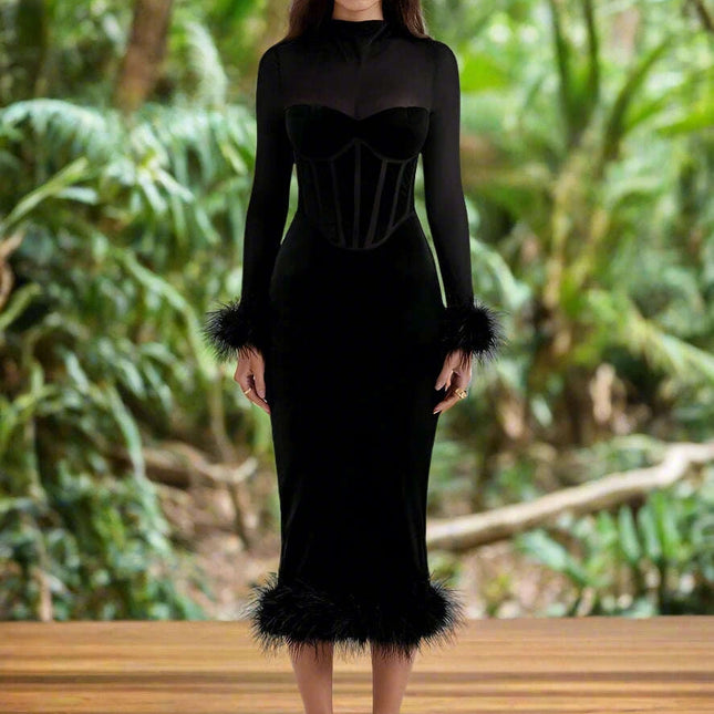 Chic Backless Midi Dress with Feather Details for Trendsetting Women