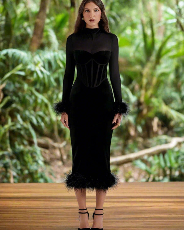 Chic Backless Midi Dress with Feather Details for Trendsetting Women