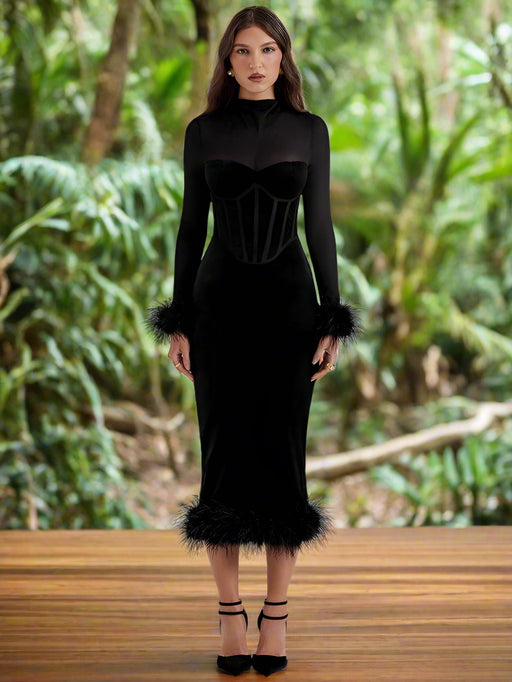 Chic Backless Midi Dress with Feather Details for Trendsetting Women