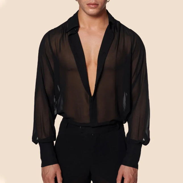 OG Waves Men's See-Through Mesh Long Sleeve Shirt - Vintage Retro Styl