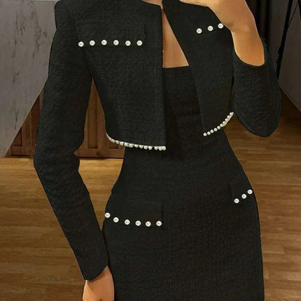 Chic Autumn Duo: Pearl-Embellished Long Sleeve Coat and Strapless Mini Dress Set