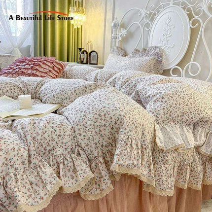 Charming Vintage Floral Lace Cotton Bedding Set with Ruffled Skirt and Matching Pillowcases