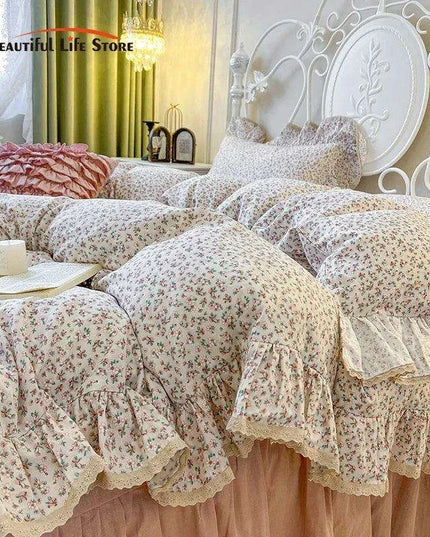 Charming Vintage Floral Lace Cotton Bedding Set with Ruffled Skirt and Matching Pillowcases