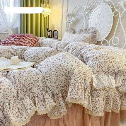 Elegant Vintage Floral Ruffled Cotton Bedding Collection with Skirt and Pillowcases