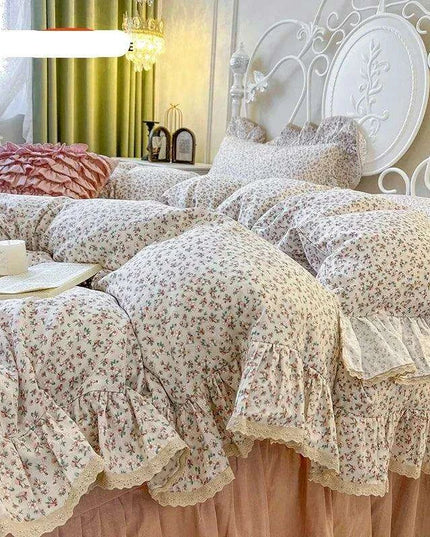 Elegant Vintage Floral Ruffled Cotton Bedding Collection with Skirt and Pillowcases