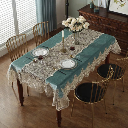 JD Heart Luxury Blue Golden Velvet Rectangle Tablecloth with Lace Trim
