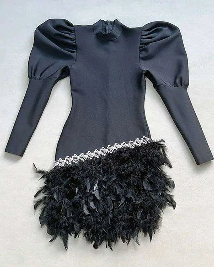 Glamorous Diamond & Feather Bubble Sleeve Bodycon Mini Dress - Dazzling Elegance