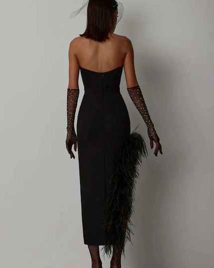 Elegant Strapless Black and White Feather Detail Bodycon Dress for Women
