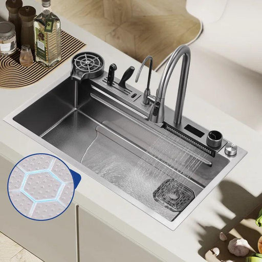 304 Stainless Steel Waterfall Kitchen Sink with Touch Faucet - Large Single Slot, Above Counter Installation