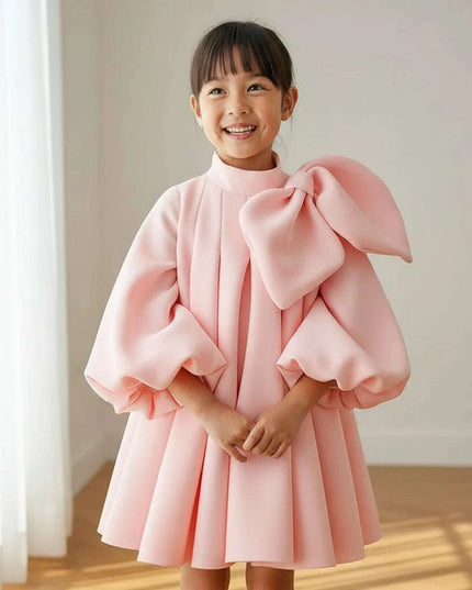 Charming Boutique Princess Dress for Girls with Elegant Bow and Puff Sleeves