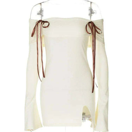 Seductive Off-Shoulder Ribbed Bodycon Mini Dress with Elegant Flare Sleeves and Chic Backless Design