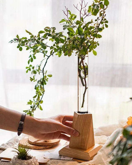 Nordic Chic Glass Test Tube Vase Collection with Wooden Stand - Stylish Hydroponic Plant Display