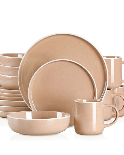 Apricot Elegance: Sesame Glazed Stoneware Dinnerware Set - 16/32/48 Piece Collection of Plates, Bowls, and Mugs