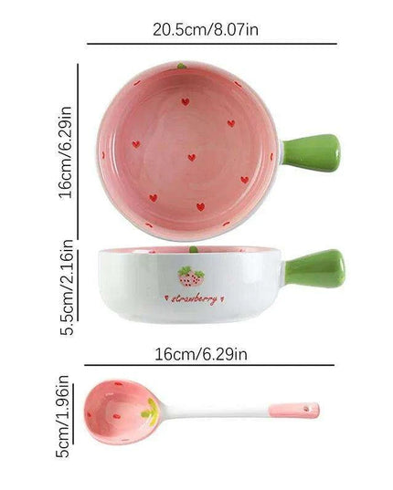 Strawberry Delight Dining Ensemble: Bowl, Spoon, and Plate Set