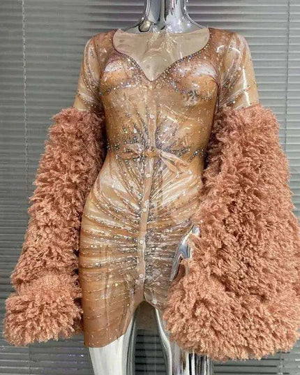 Enchanting Mesh Sheath Dress with Dramatic Flare Sleeves