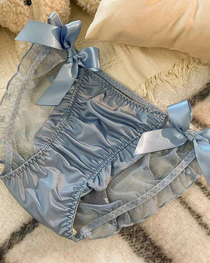 Charming Princess-Inspired Satin Lace Bow Women's Panties - Soft Ruffled Mesh Underwear for All-Day Comfort