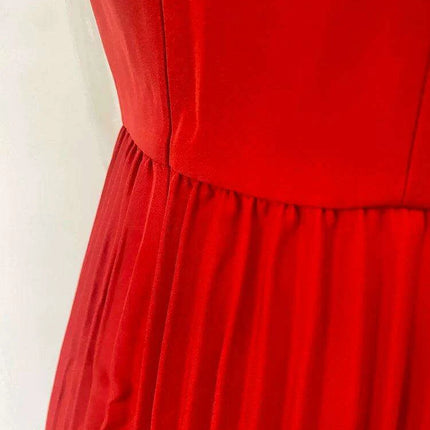 Stylish Red Floral Pleated Midi Dress - Sleeveless Slim Fit