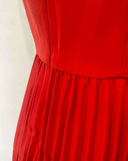 Stylish Red Floral Pleated Midi Dress - Sleeveless Slim Fit