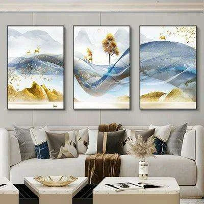 Nordic Elegance: Golden Deer Abstract Landscape 3-Piece Canvas Art Set with Customizable Borders for Luxury Home Decor