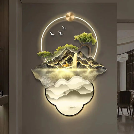 Flowing Water Wealth Illuminated Entrance Mural with Light