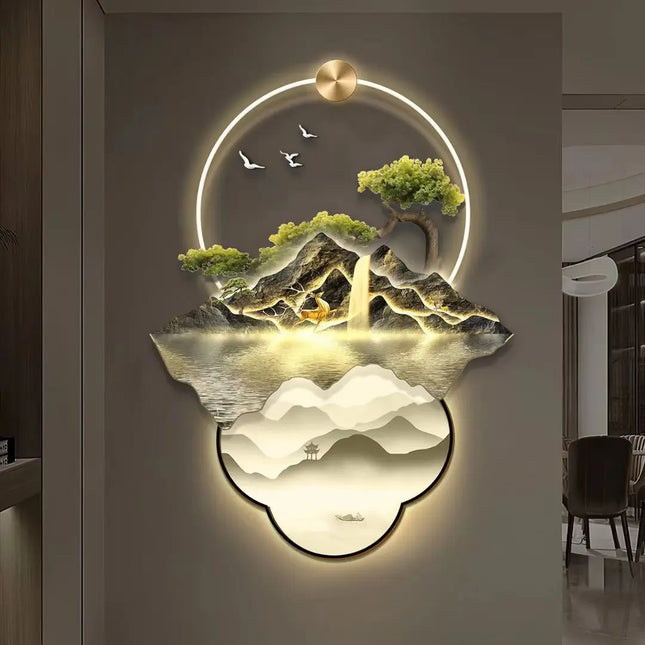 Flowing Water Wealth Illuminated Entrance Mural with Light