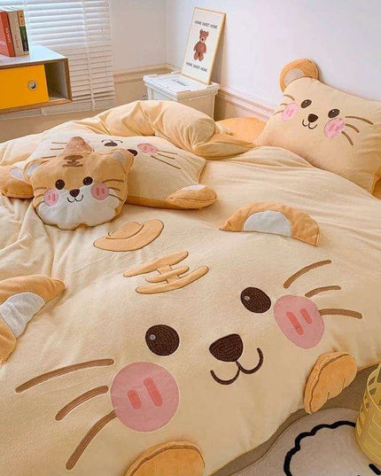 Adorable Cartoon Tiger Plush Kids Bedding Set - Cozy Winter Duvet Cover, Fleece Bed Sheet & Pillowcases