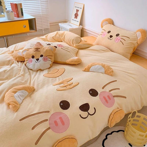 Adorable Cartoon Tiger Plush Kids Bedding Set - Cozy Winter Duvet Cover, Fleece Bed Sheet & Pillowcases