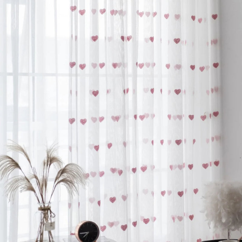 Korean Pink Love Embroidery Blackout Curtains – Tulle & Double Layer, Girls’ Room