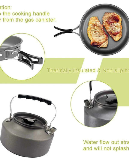 All-in-One Portable Camping Cookware Set with Non-Stick Cookware, Kettle, and Collapsible Utensils for Outdoor Adventures