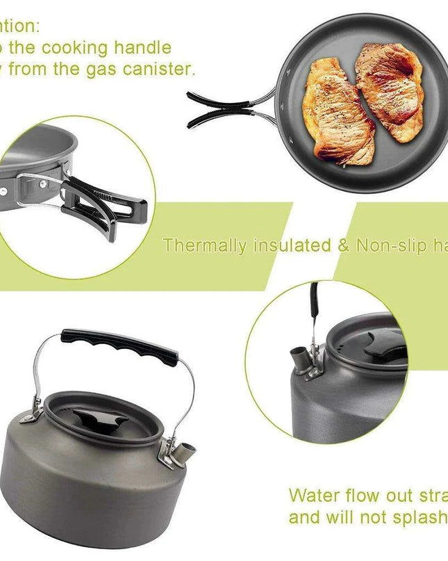 All-in-One Portable Camping Cookware Set with Non-Stick Cookware, Kettle, and Collapsible Utensils for Outdoor Adventures