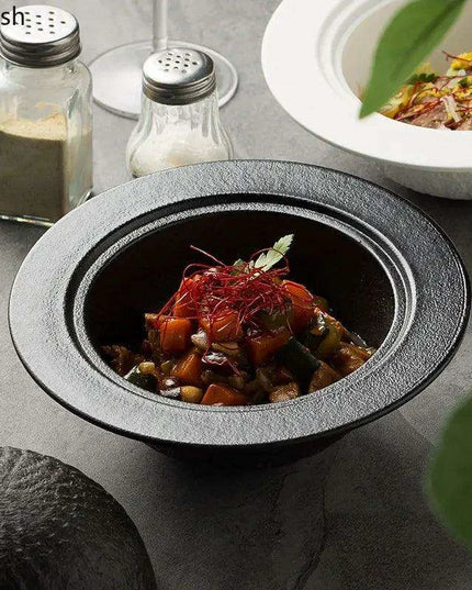 Elegant Artisan Ceramic Bowl Set with Lid and Rock Texture for Gourmet Dining