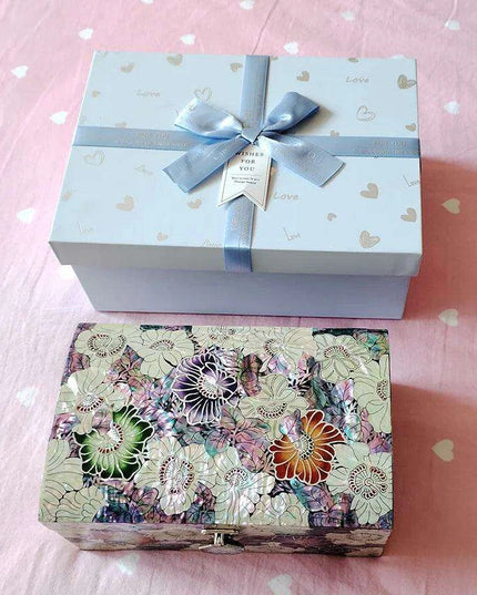 Opulent Two-Tier Jewelry Storage Box with Mother-of-Pearl Detailing and Integrated Mirror