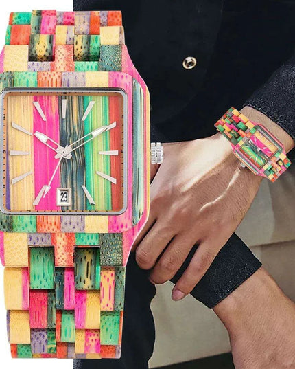 Eco-Conscious Style: Men's Artisan Wooden Quartz Watch with Vibrant Multicolor Band