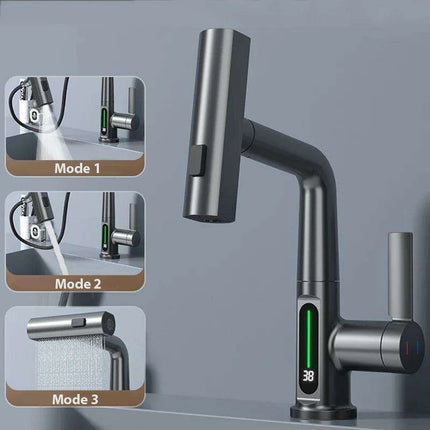Digital Waterfall Faucet with Dual-Stream Sprayer and Temperature Display - Modern Bathroom Upgrade