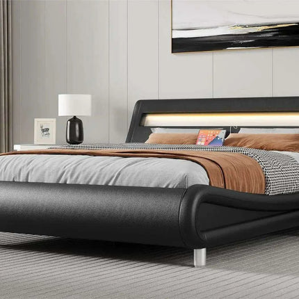Luxurious Black King Size Bed Frame with Customizable PU Leather Headboard - No Box Spring Needed