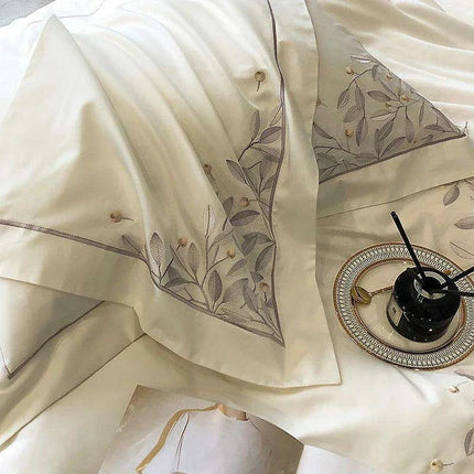 Luxury 1000TC Egyptian Cotton Bedding Set with Leaf Embroidery