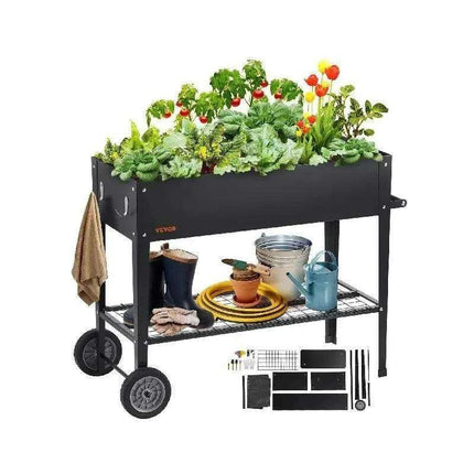 Mobile Steel Elevated Garden Bed with Drainage and Complete Gardening Kit