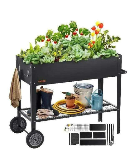 Mobile Steel Elevated Garden Bed with Drainage and Complete Gardening Kit